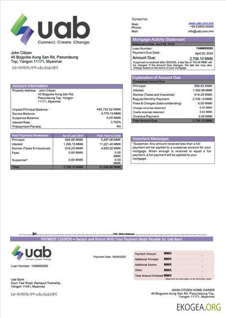 Modèle Word et PDF de relevé hypothécaire de la Banque Uab du Myanmar